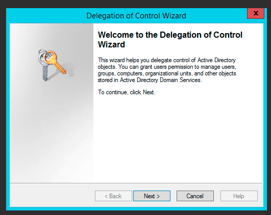 Ekran powitalny kreatora Delegation of Control w Active Directory Users and Computers