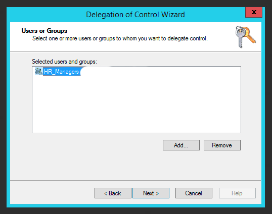 Krok Users or Groups w kreatorze delegowania z wybraną grupą