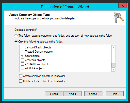 Kreator delegowania ustawiony na obiekty User objects w wybranym folderze