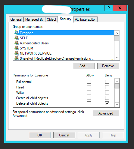 Karta Security właściwości obiektu Active Directory z podświetlonym przyciskiem Advanced