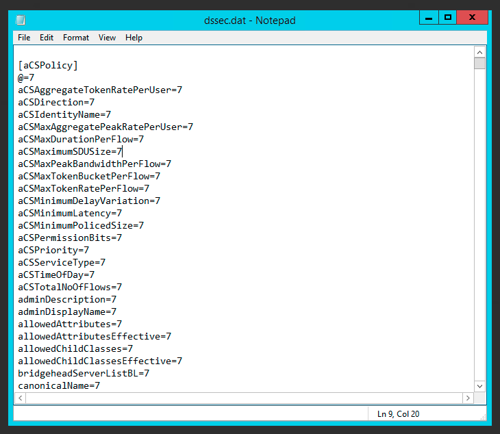 Zawartość pliku dssec.dat pokazująca filtrowane ustawienia atrybutów Active Directory