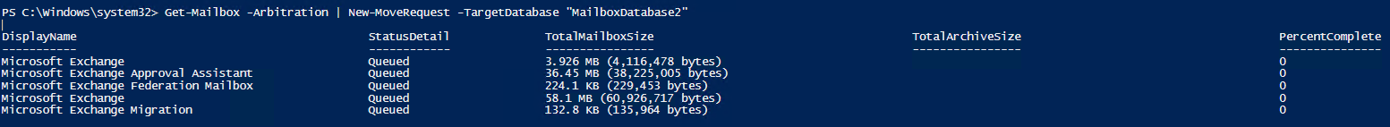 Polecenie PowerShell przenoszące skrzynki arbitrażowe Exchange do innej bazy