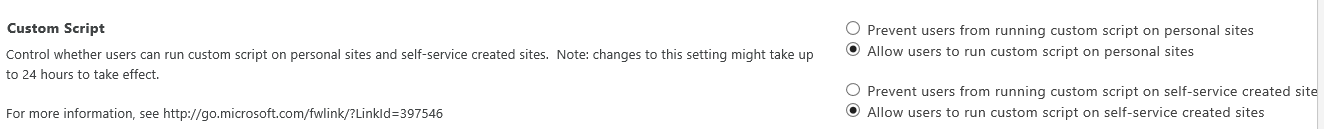 SharePoint Online admin center custom script options for sites