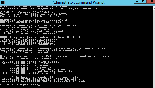 CHKDSK results showing no filesystem problems on the affected Hyper-V host
