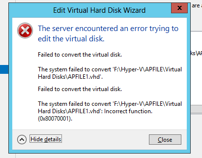 Error dialog showing Incorrect function for the APFILE1 VHD file