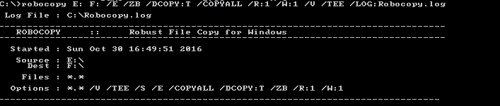 Robocopy command copying files and permissions from the old drive to the replacement drive