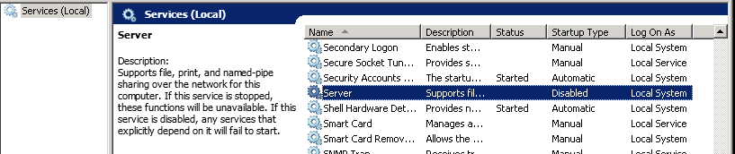 Services console with the LanmanServer service stopped before copying data to a replacement disk