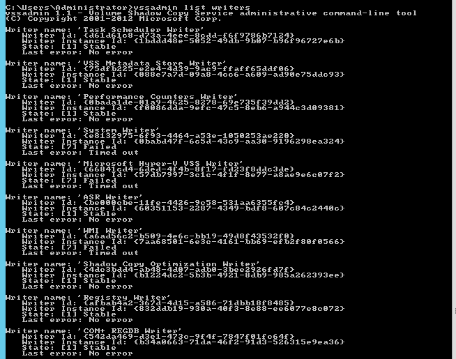 vssadmin list writers output showing several VSS writers in a failed or timed-out state