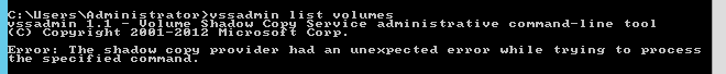 vssadmin list volumes output returning the shadow copy provider unexpected error