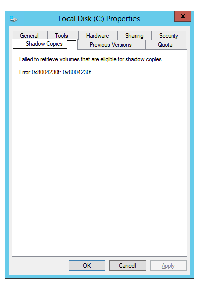 Windows Explorer Shadow Copies tab showing the VSS problem on the affected drive
