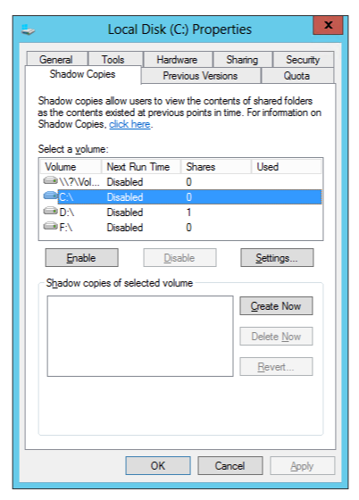 Windows Explorer confirming shadow copy information is available again after dismounting the VeraCrypt volume