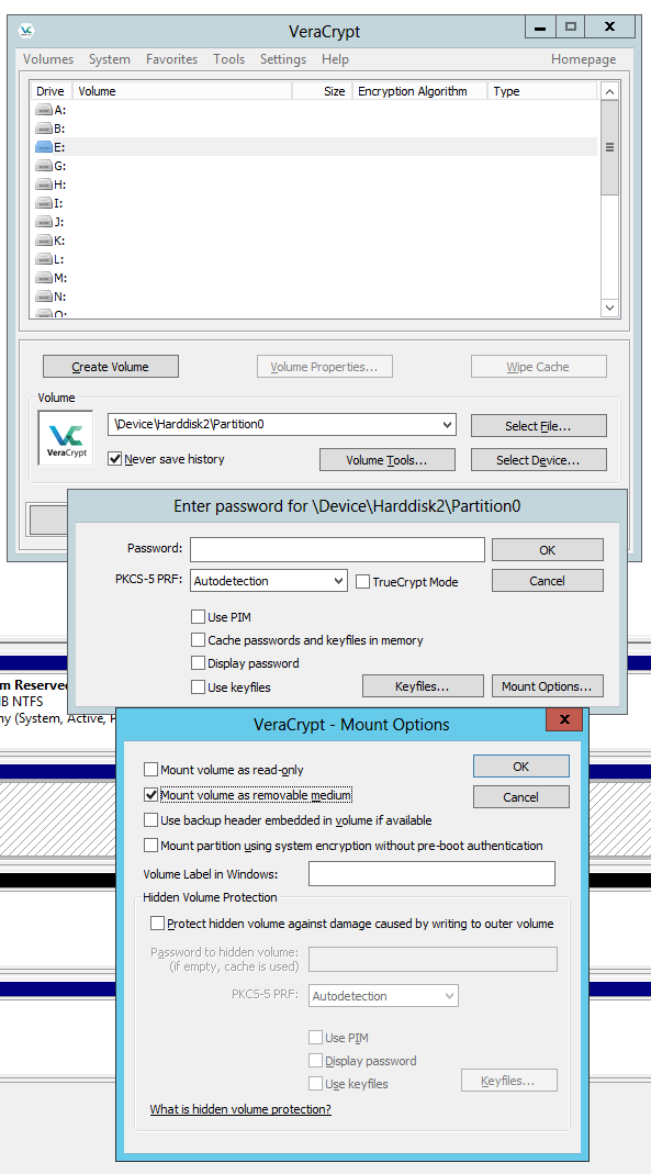 VeraCrypt mount options showing the removable medium setting needed to avoid blocking VSS backups