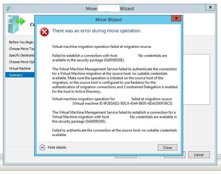 Okno błędu migracji na żywo Hyper-V w Remote Desktop Manager