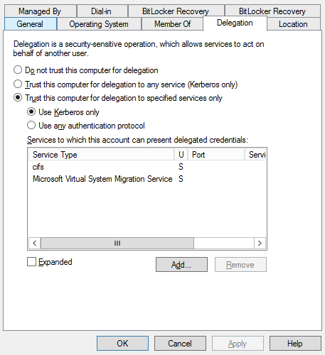 Ustawienia delegacji z wybranymi usługami CIFS i Microsoft Virtual System Migration Service
