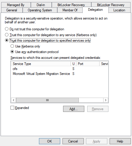 Ustawienie delegacji z opcją użycia dowolnego protokołu uwierzytelniania dla Windows Server 2012 R2 i 2016