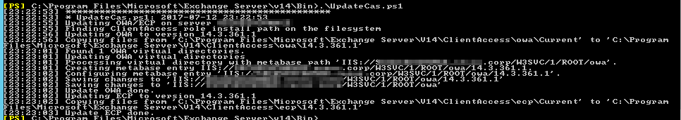 Wynik skryptu UpdateCas.ps1 w Exchange Management Shell pokazujacy aktualizacje katalogow wirtualnych OWA i ECP.