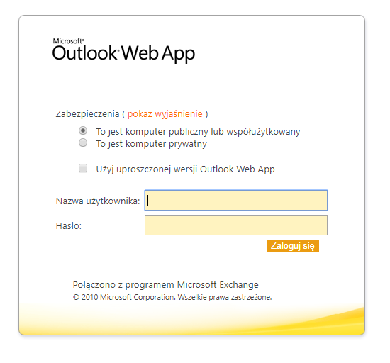 Outlook Web App dzialajacy ponownie po uruchomieniu UpdateCas.ps1 na serwerze Exchange.
