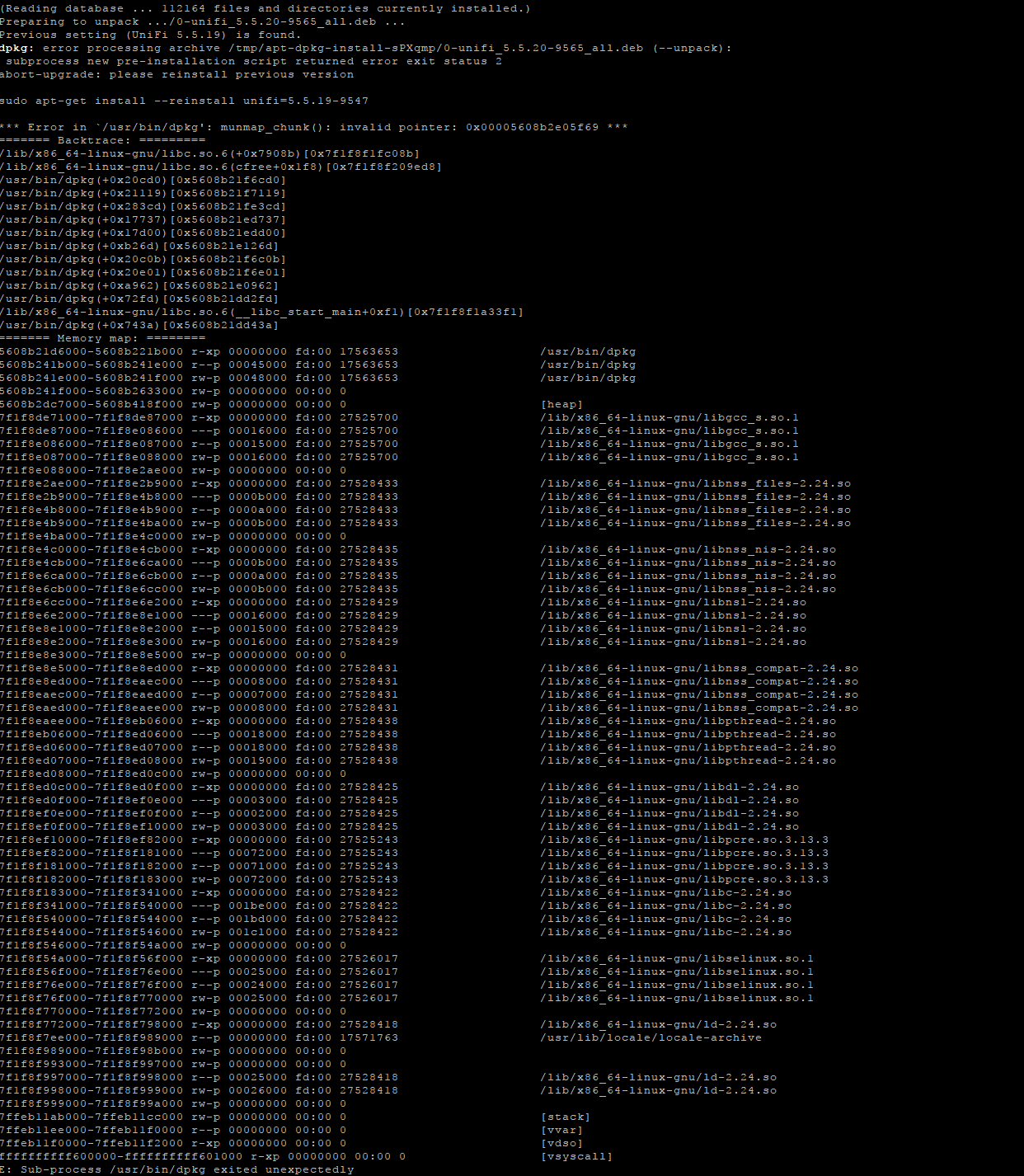 Aktualizacja pakietu UniFi nieudana w apt z bledem skryptu dpkg pre-installation na Ubuntu.