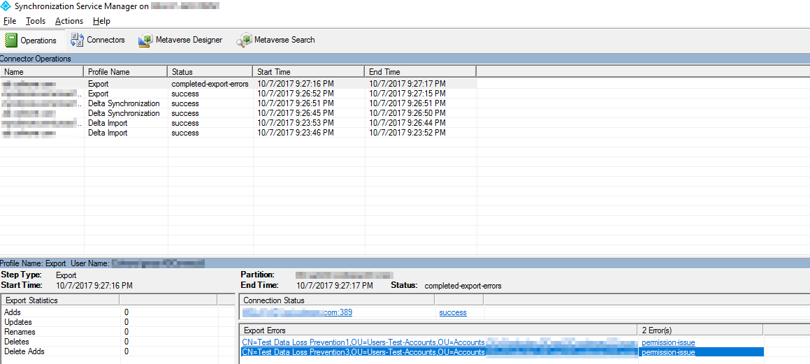 Synchronization Service Manager pokazujacy eksport Azure AD Connect zakonczony bledem permission-issue