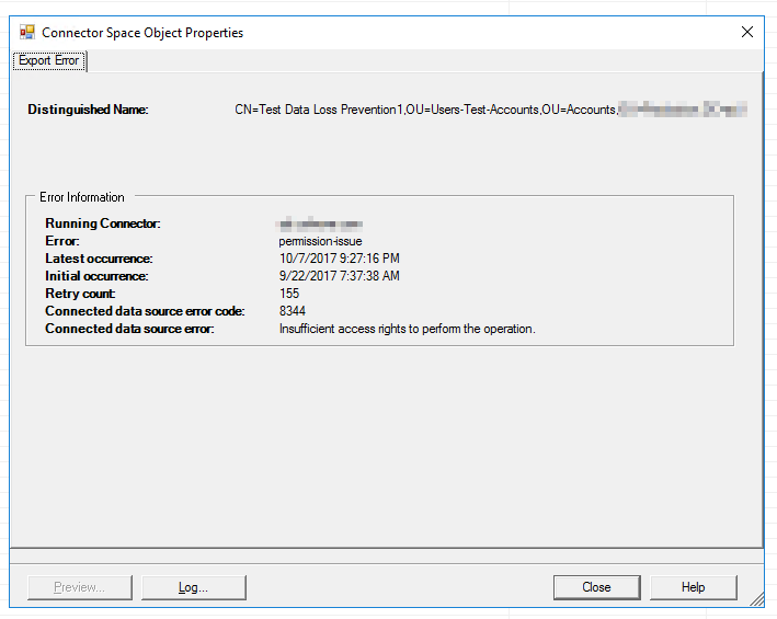 Szczegoly bledu eksportu Azure AD Connect wskazujace problem z uprawnieniami podczas synchronizacji