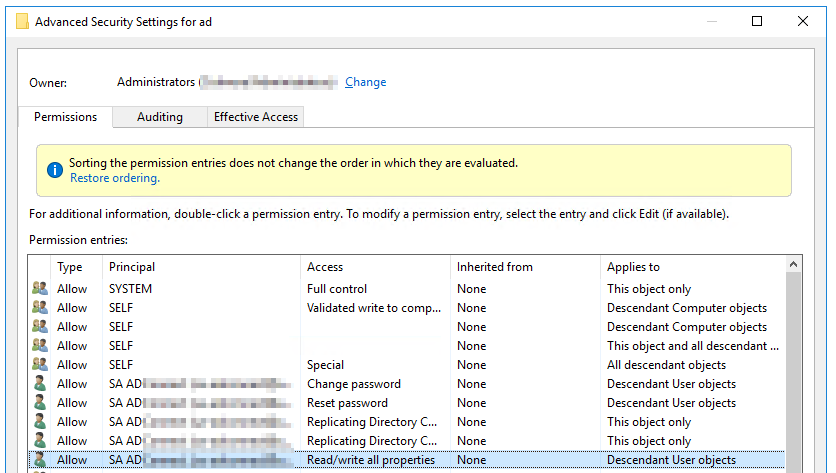 Widok uprawnien Active Directory z dodanymi prawami Read i Write All Properties for Users dla Azure AD Connect