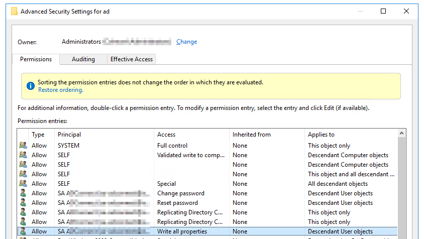 Wpis uprawnien pokazujacy wlaczone Write All Properties jako skuteczna poprawke eksportu Azure AD Connect