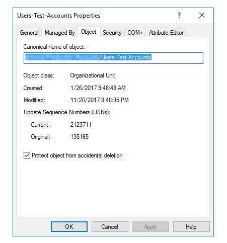 Właściwości jednostki organizacyjnej w Active Directory z zaznaczoną opcją Protect object from accidental deletion.