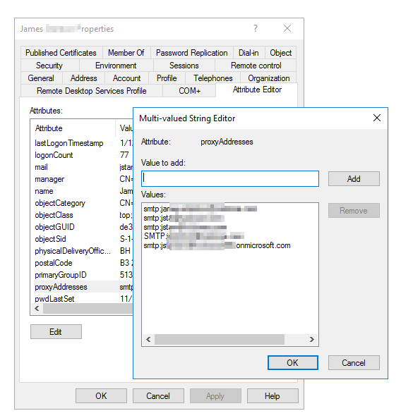 Wlasciwosci uzytkownika w Active Directory pokazujace atrybut ProxyAddresses