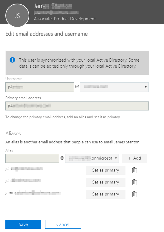 Ekran recznej edycji, na ktorym nie da sie bezposrednio dodac brakujacego adresu onmicrosoft.com