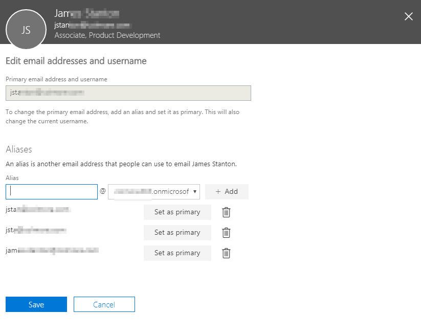 Ekran zarzadzania adresami e-mail, na ktorym mozna juz dodac brakujacy alias onmicrosoft.com