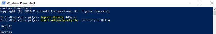 Wynik PowerShell z polecenia Start-AdSyncSyncCycle uruchamiajacego synchronizacje delta