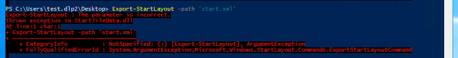 Blad Export-StartLayout pokazujacy komunikat The parameter is incorrect w StartTileData.dll