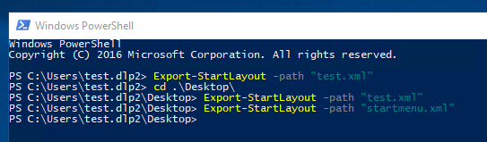 Konsola PowerShell uruchamiajaca Export-StartLayout w celu zapisania ukladu menu Start do XML