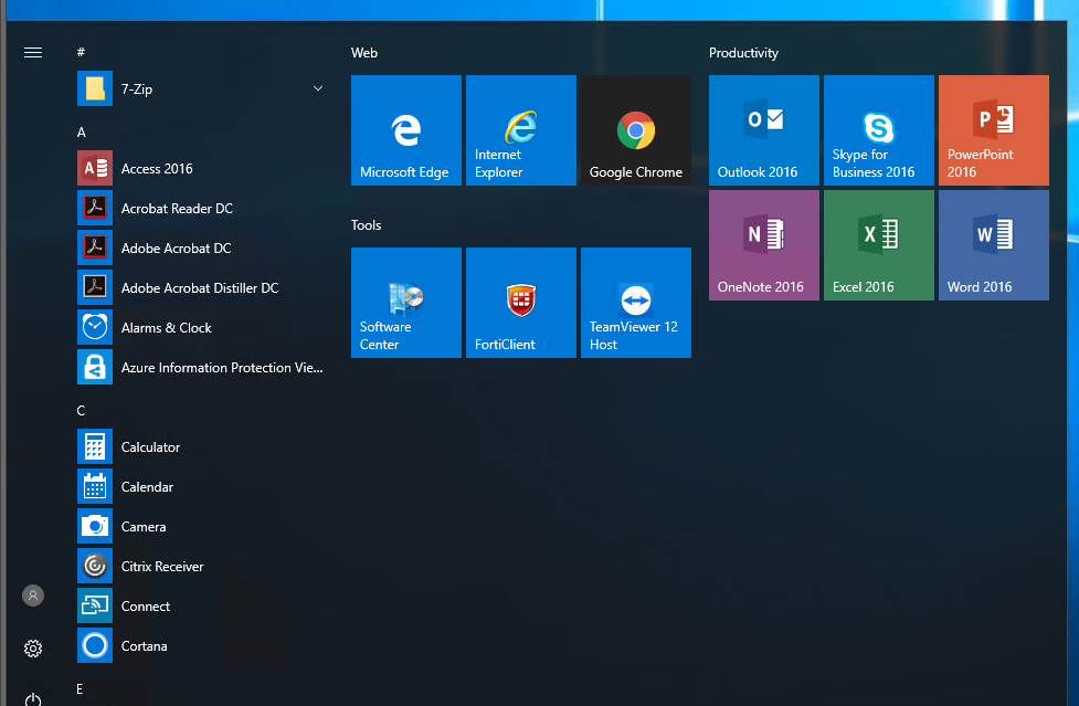 Menu Start w Windows 10 po zastosowaniu zaimportowanego ukladu przez zasady grupy