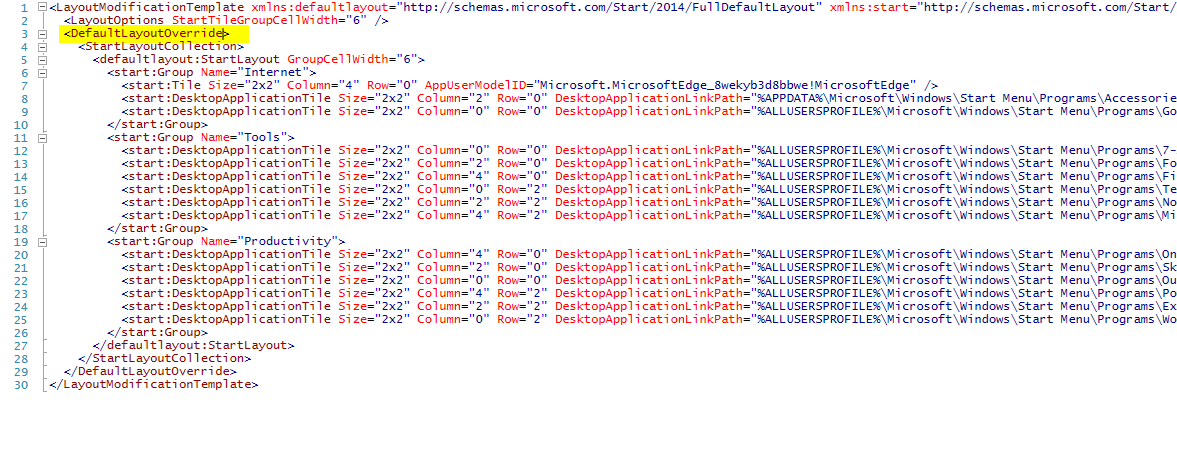 Plik XML ukladu menu Start przed wlaczeniem czesciowej mozliwosci edycji przez uzytkownika