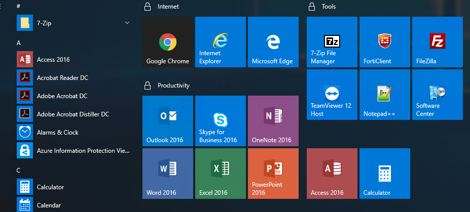 Menu Start w Windows 10 z ikonami klodki na chronionej grupie kafelkow