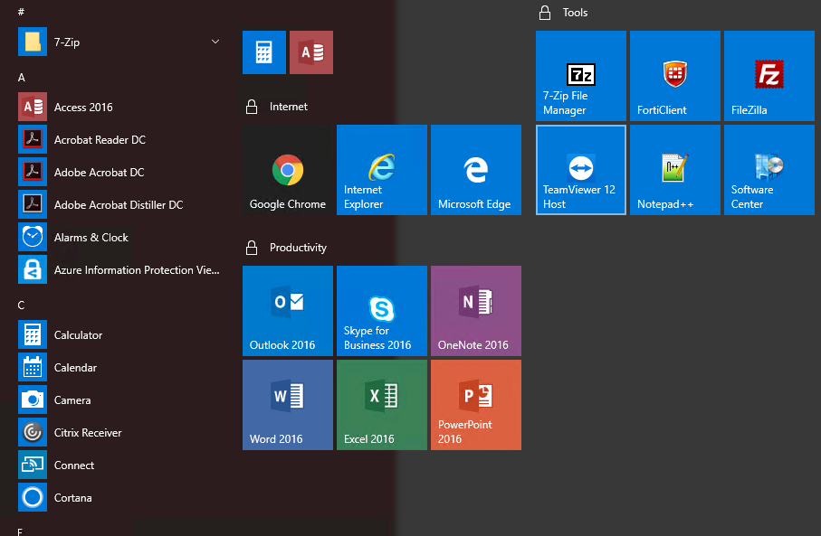 Menu Start w Windows 10 przearanzowane przez uzytkownika przy zablokowanych chronionych grupach