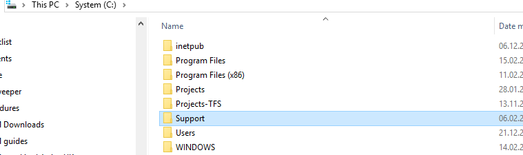 Eksplorator plików Windows z zaznaczonym folderem Support na dysku C: