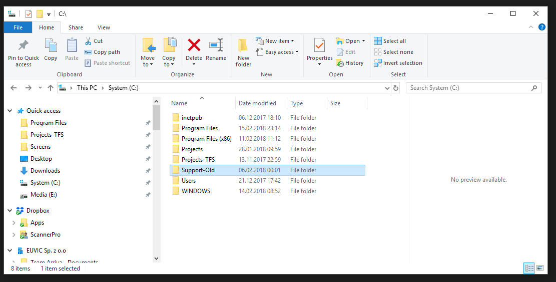Eksplorator plików Windows pokazujący folder Support-Old po zmianie nazwy na dysku C: