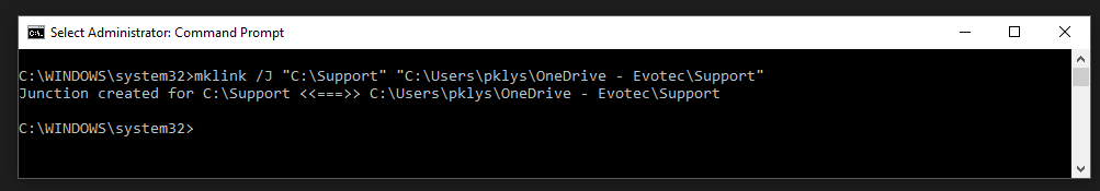 Wiersz polecenia administratora tworzący punkt połączenia z C:\\Support do OneDrive