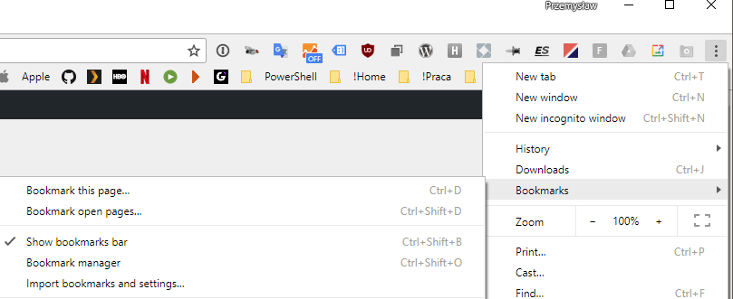 Chrome three-dot menu with Bookmarks and Bookmark manager selected