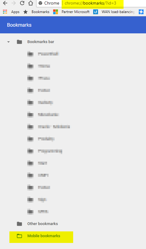 Chrome Bookmark Manager with Mobile bookmarks selected and its URL visible