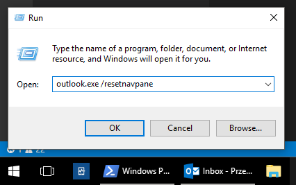 Okno Uruchamianie systemu Windows z wpisanym poleceniem outlook.exe /resetnavpane