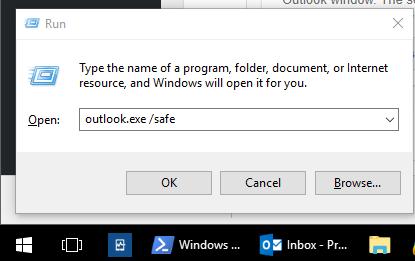 Okno Uruchamianie systemu Windows z wpisanym poleceniem outlook.exe /safe
