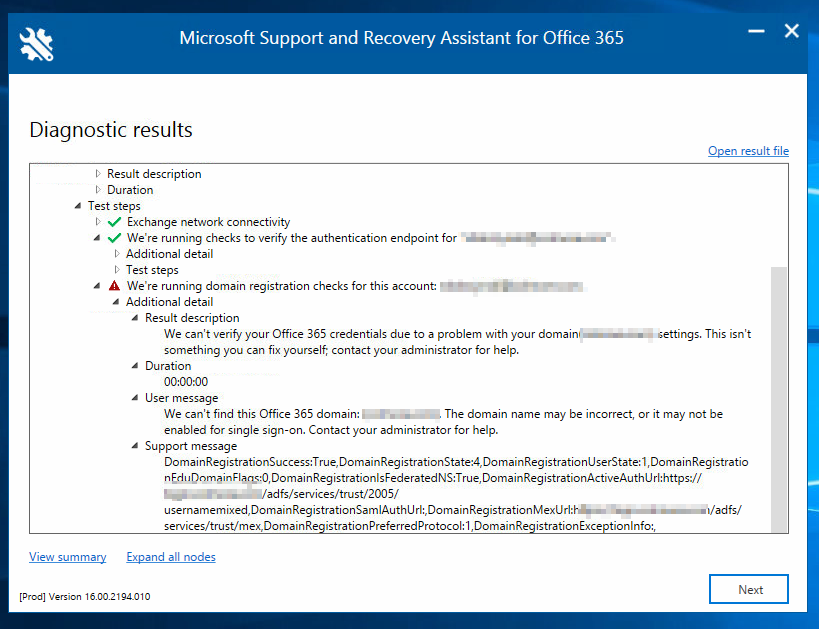 Wyniki diagnostyki Microsoft Support and Recovery Assistant pokazujace blad weryfikacji domeny Office 365