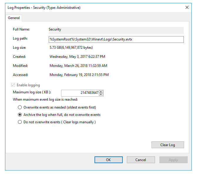 Wlasciwosci dziennika zdarzen pokazujace poprawny maksymalny rozmiar logu 2 TB