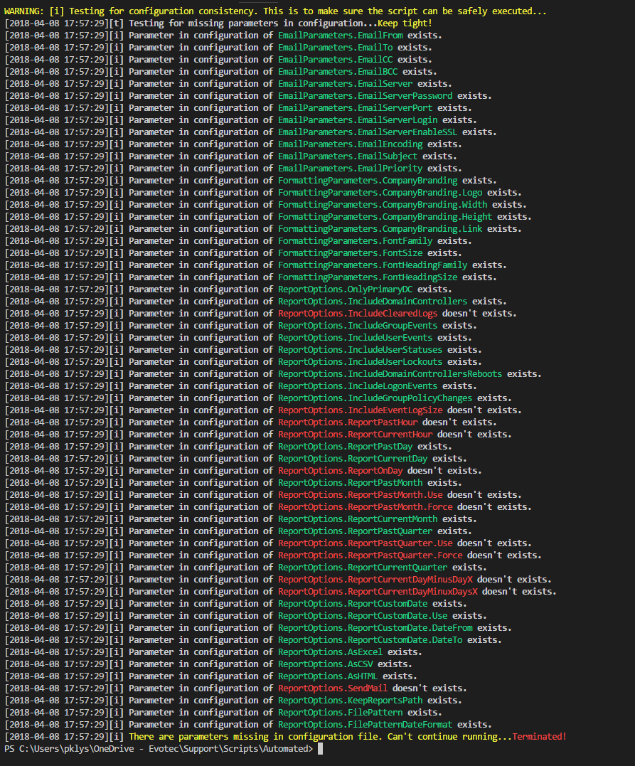 PowerShell console output from Event Monitoring prerequisite testing that highlights existing configuration values and missing report options.
