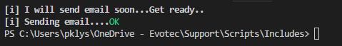 Write-Color console example showing a status message followed by a green OK result after sending email.