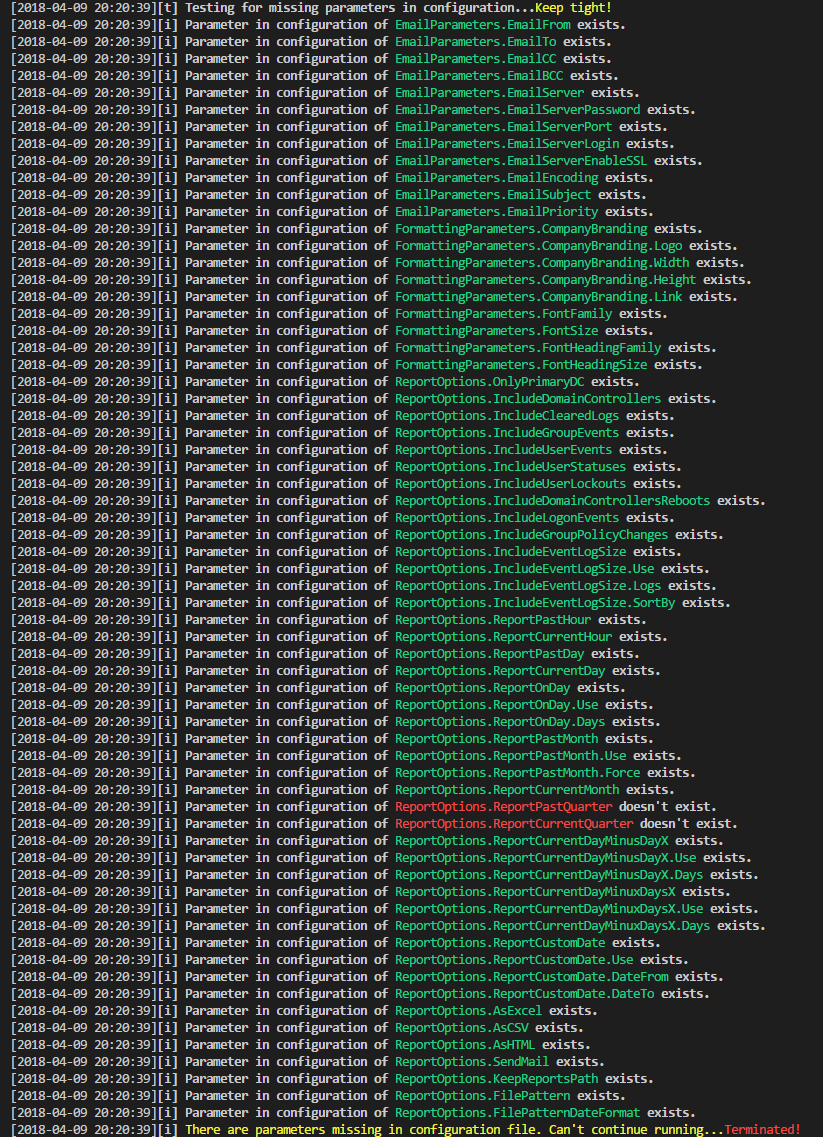 Write-Color console example showing colored status messages while validating email settings and report formatting options.