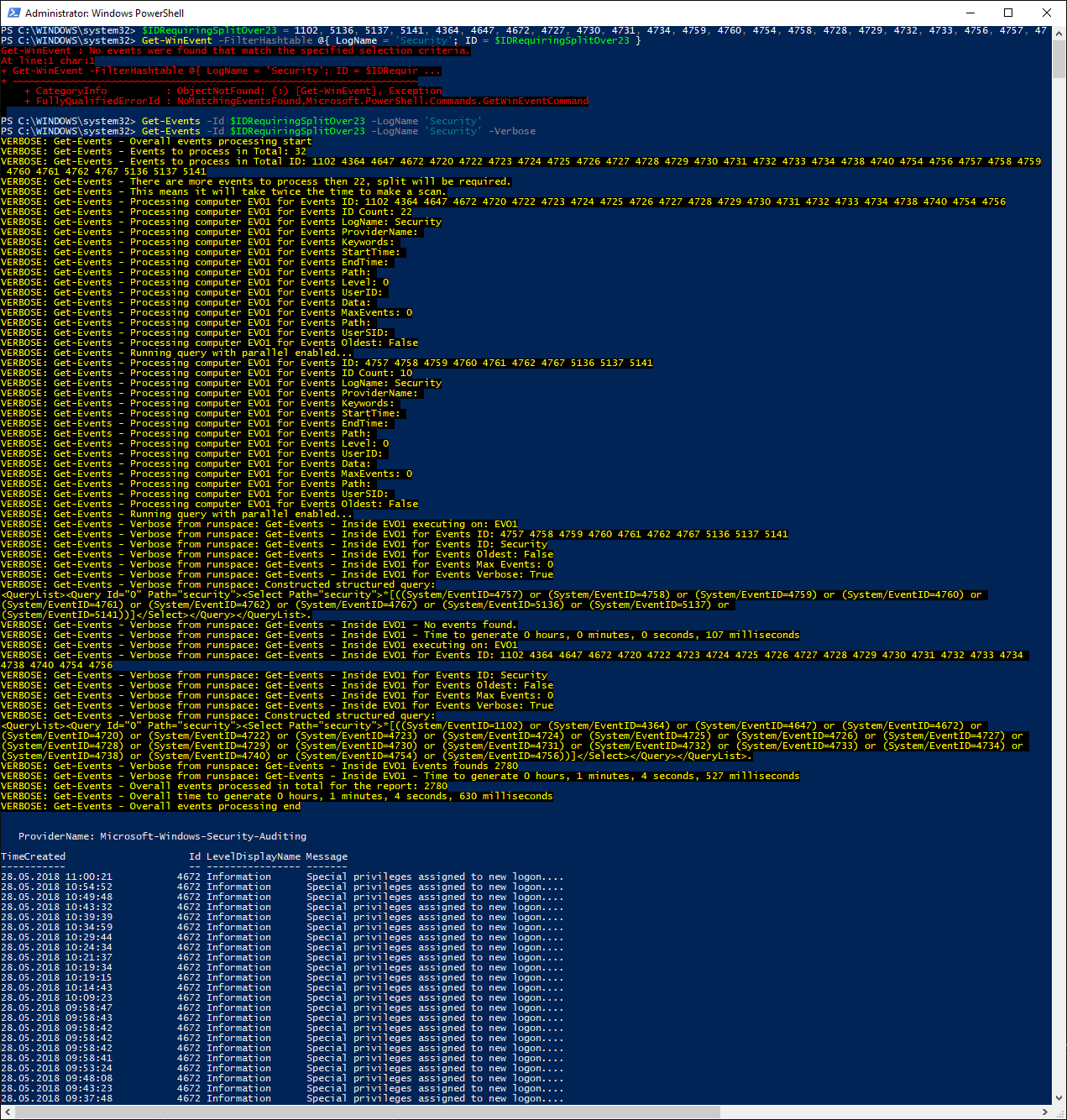 Wynik verbose z Get-Events pokazujacy podzial identyfikatorow zdarzen na rownolegle partie zapytan